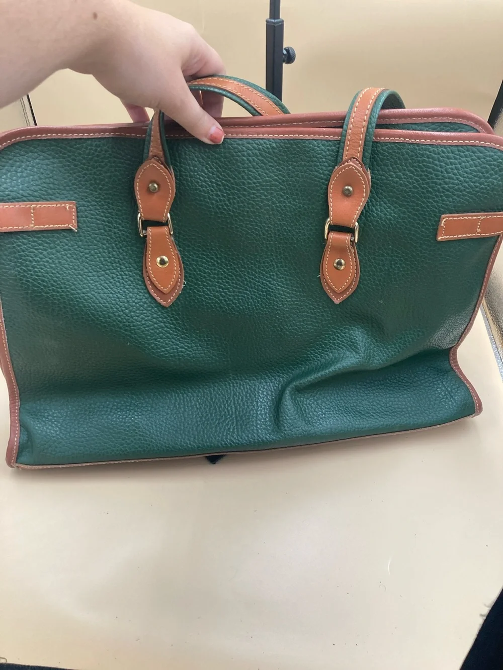 Dooney & Bourke Forest Green Pebbled Leather Tote with Brown Trim Vintage